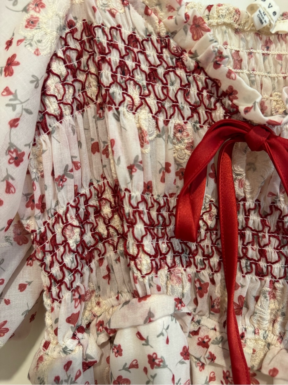 Smocked Puff-Sleeve Floral Maxi Dress - White with Red Floral - Picture 3 of 6